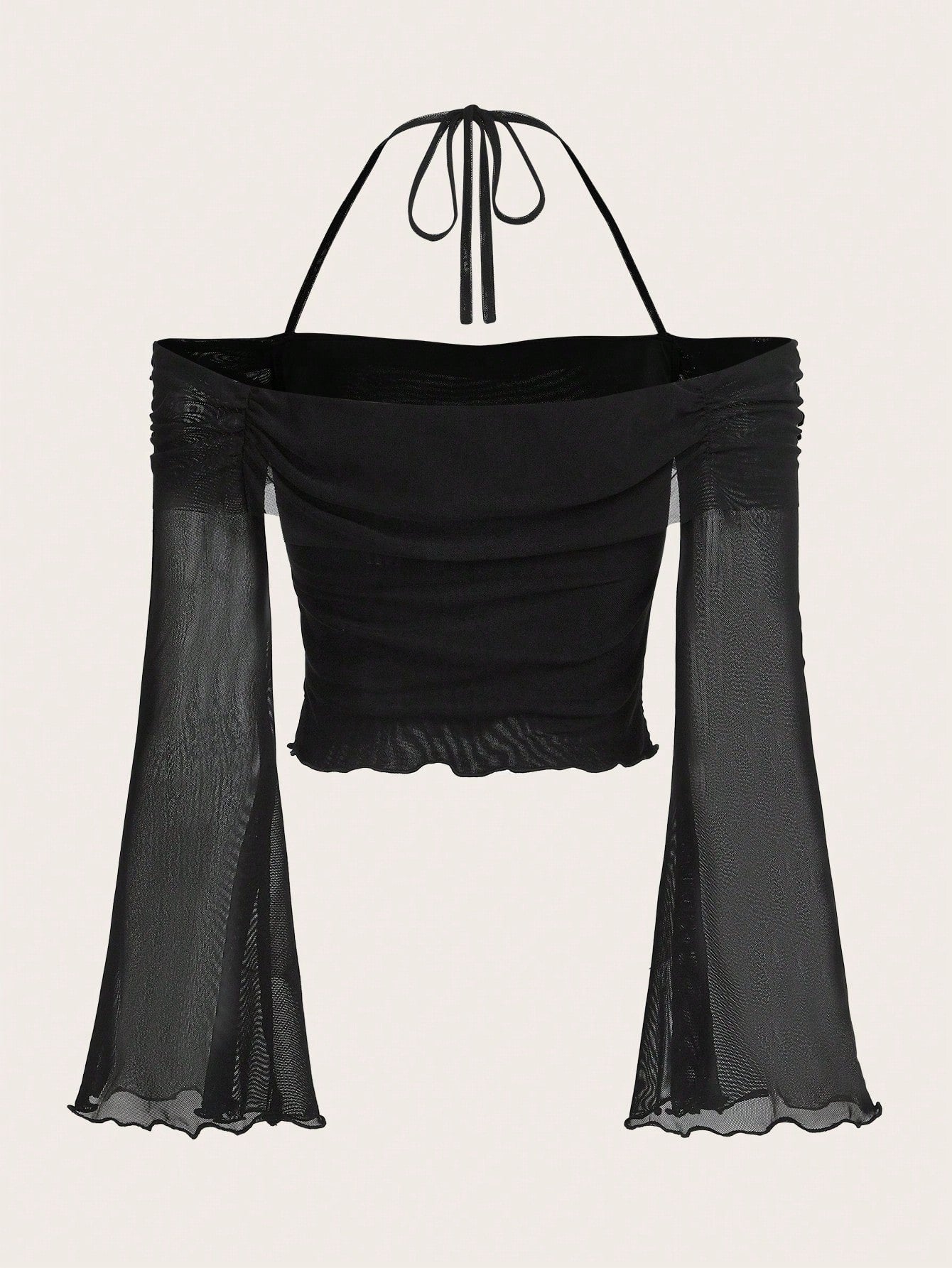 Solid Halter Neck Mesh Crop Top – Flounce Bell Sleeves with Lettuce Trim & Ruched Detail