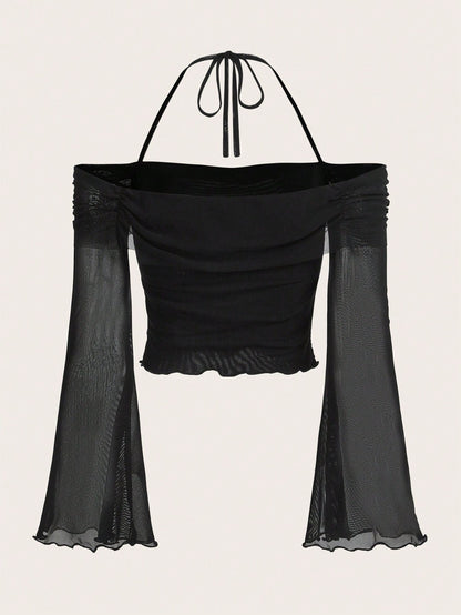 Solid Halter Neck Mesh Crop Top – Flounce Bell Sleeves with Lettuce Trim & Ruched Detail