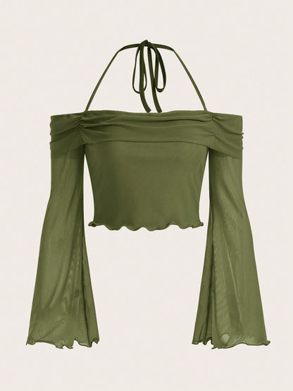 Solid Halter Neck Mesh Crop Top – Flounce Bell Sleeves with Lettuce Trim & Ruched Detail