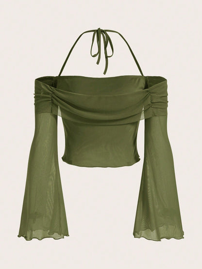 Solid Halter Neck Mesh Crop Top – Flounce Bell Sleeves with Lettuce Trim & Ruched Detail