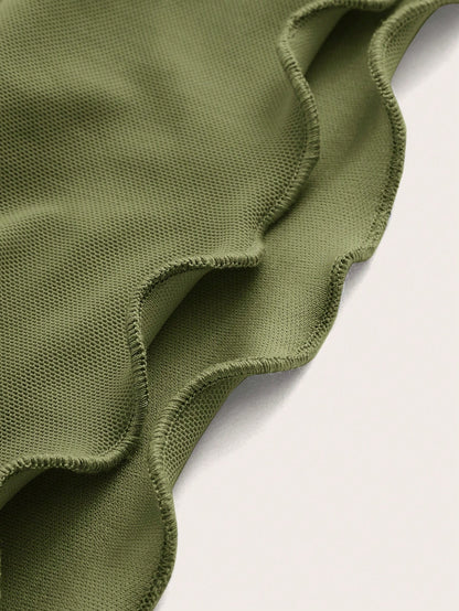 Solid Halter Neck Mesh Crop Top – Flounce Bell Sleeves with Lettuce Trim & Ruched Detail