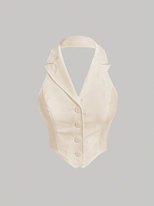 Solid Button-Front Backless Halter Crop Top – Asymmetrical Sleeveless Slim-Fit Summer Style