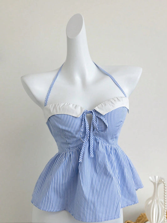 Striped Sleeveless Halter Crop