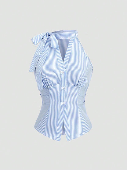Sleeveless Striped Halter Top