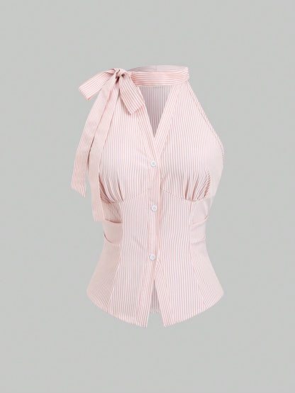 Sleeveless Striped Halter Top