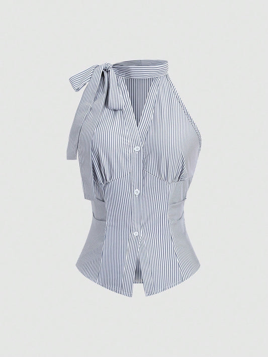 Sleeveless Striped Halter Blouse – Bowknot Waist Slim Fit Asymmetrical Top