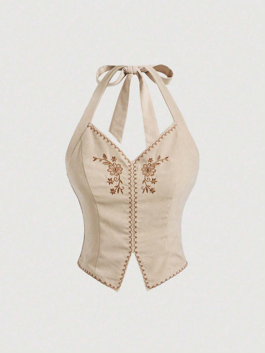 Old Money Style Halter Top – Floral Embroidered Back-Tie Slim Fit Summer Tank Top