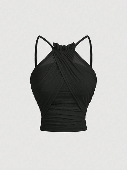 Mesh Ruched Spaghetti Strap Crop Top