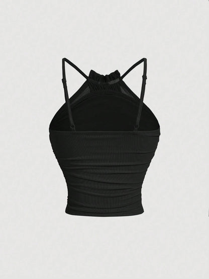Mesh Ruched Spaghetti Strap Crop Top