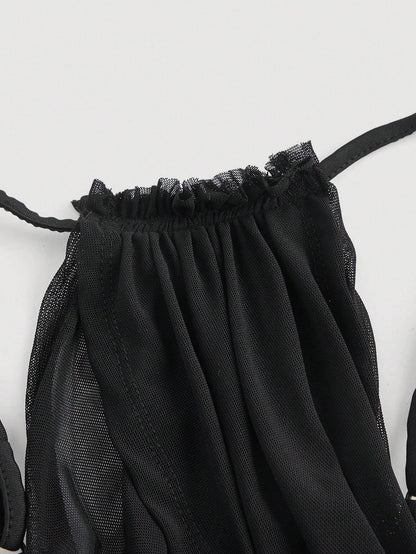 Mesh Ruched Spaghetti Strap Crop Top