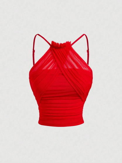 Mesh Ruched Spaghetti Strap Crop Top