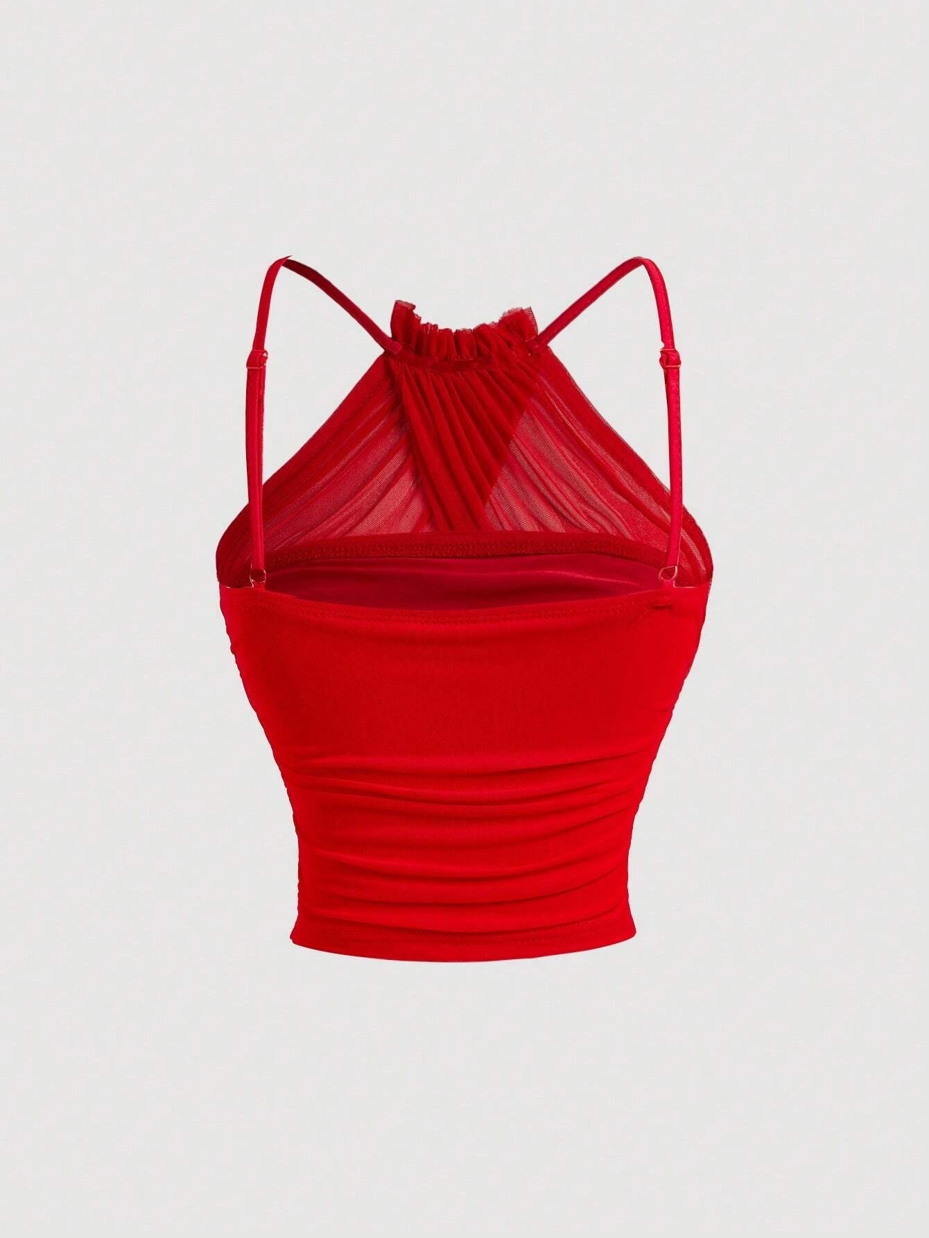 Mesh Ruched Spaghetti Strap Crop Top