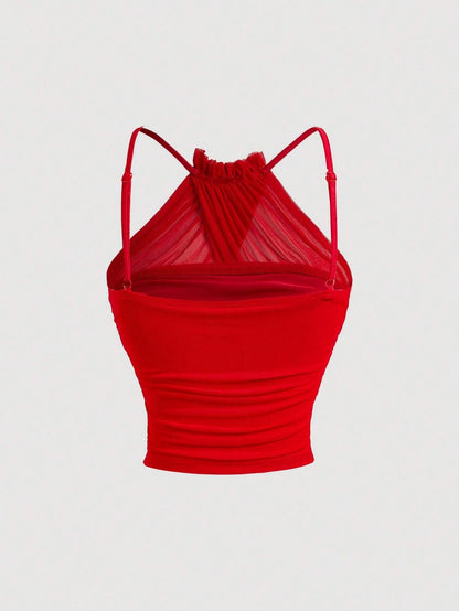 Mesh Ruched Spaghetti Strap Crop Top