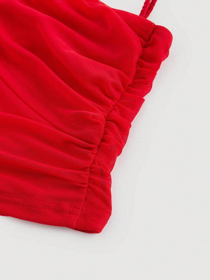 Mesh Ruched Spaghetti Strap Crop Top