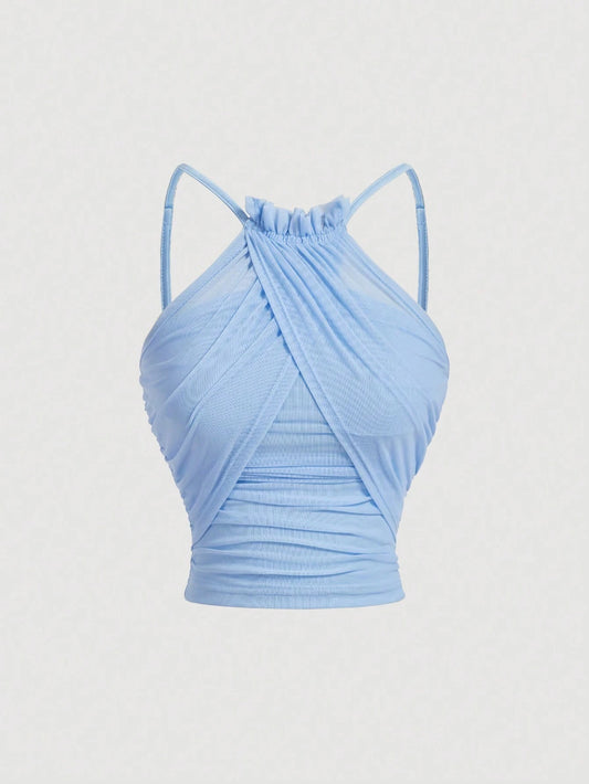 Mesh Ruched Spaghetti Strap Crop Top
