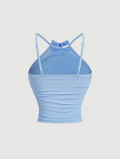 Mesh Ruched Spaghetti Strap Crop Top
