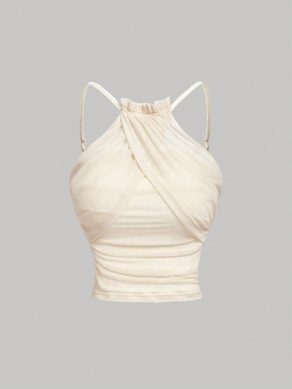 Mesh Ruched Spaghetti Strap Crop Top