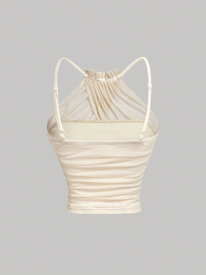Mesh Ruched Spaghetti Strap Crop Top
