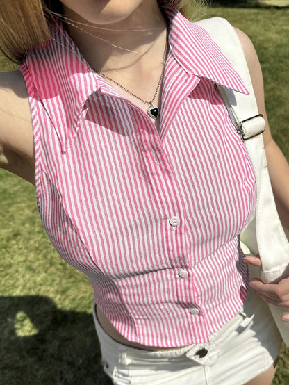 Striped Sleeveless Crop Shirt