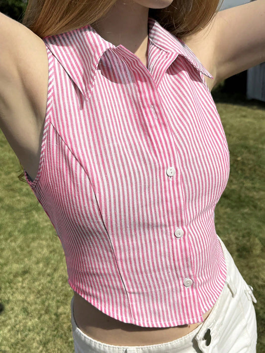 Striped Sleeveless Button-Down Crop Shirt – Casual Woven Collared Slim Fit Top