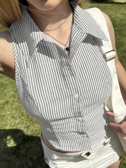 Striped Sleeveless Crop Shirt