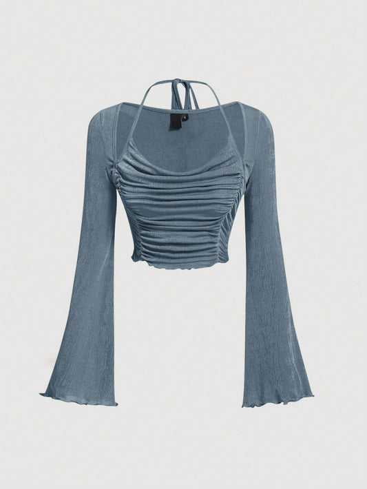 Tie-Back Ruched Halter Top – Lettuce Trim Trumpet Sleeve Slim-Fit Crop Tee