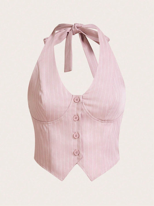 Striped Button-Front Halter Top – Summer Slim-Fit Backless Asymmetrical Trendy Top