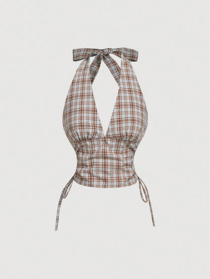 Plaid Halter Neck Crop Top