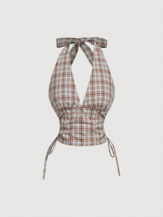 Plaid Halter Neck Crop Top