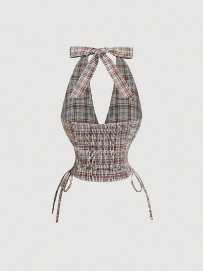 Plaid Halter Neck Crop Top