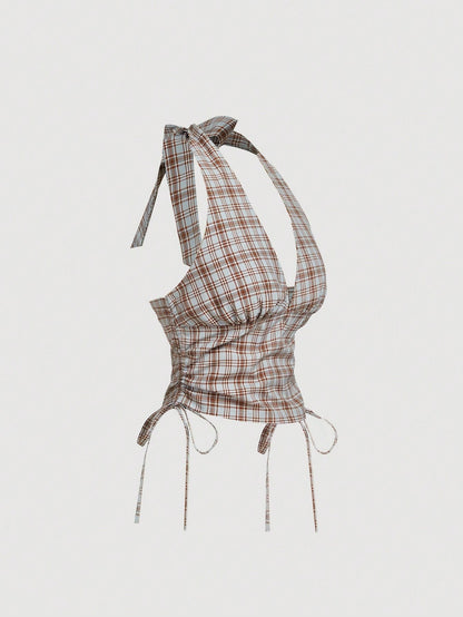 Plaid Halter Neck Crop Top