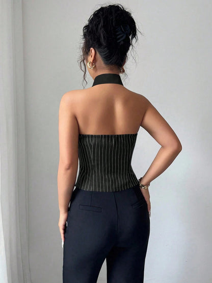 Striped Halter Backless Blouse