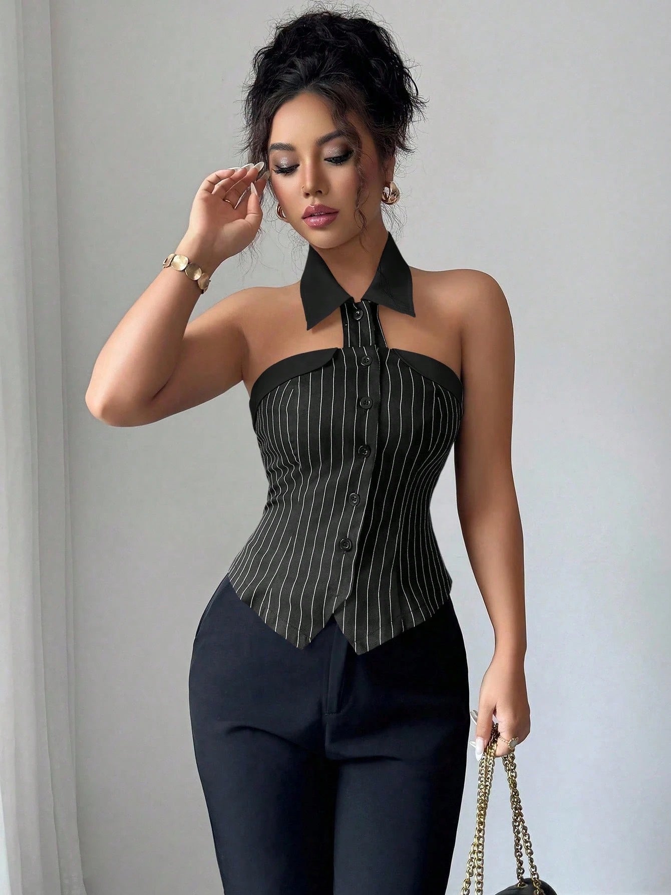 Striped Halter Backless Blouse