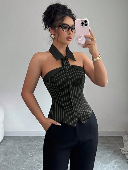 Striped Halter Backless Blouse