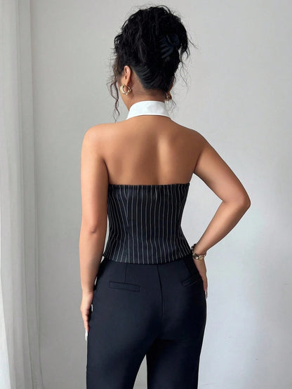 Striped Halter Backless Blouse
