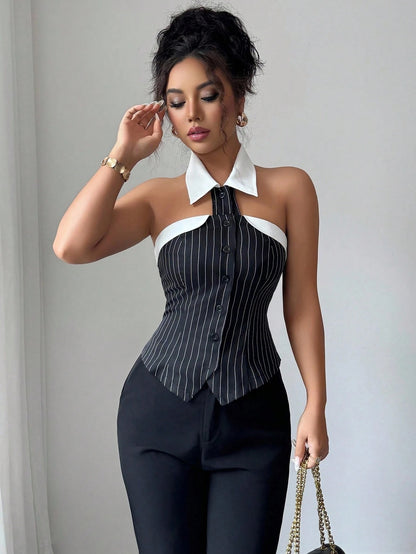 Striped Halter Backless Blouse