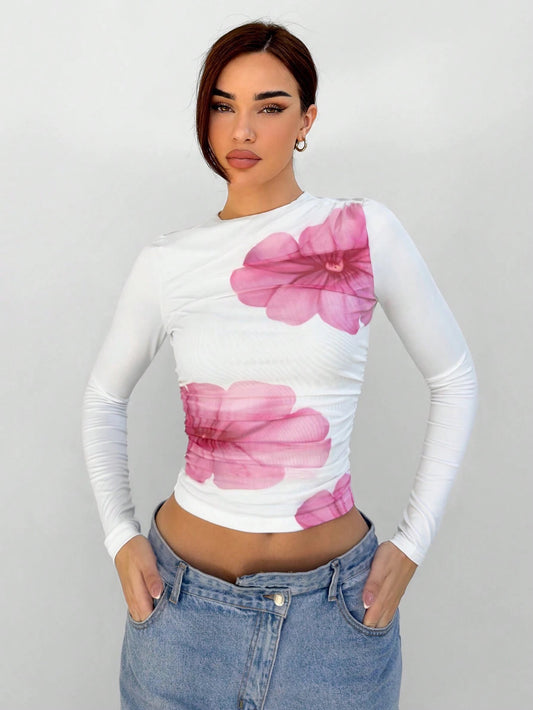 Floral Mesh Long Sleeve Slim Fit T-Shirt – Ruched Semi-Sheer Crew Neck Top