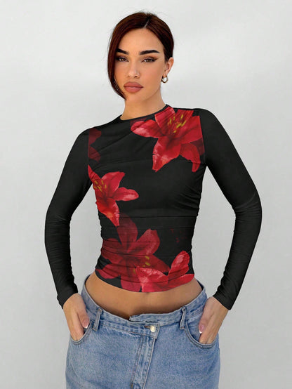Floral Mesh Long Sleeve T-Shirt