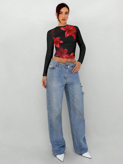 Floral Mesh Long Sleeve T-Shirt