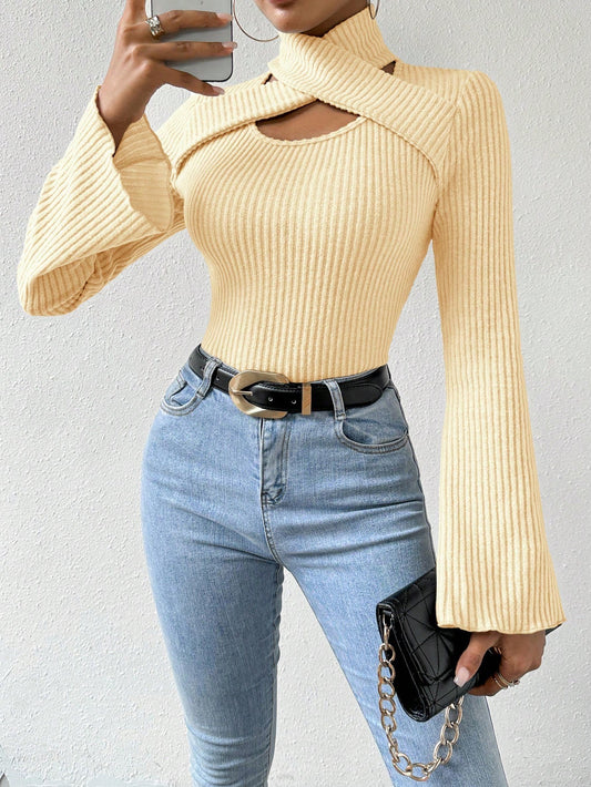 Criss-Cross Ribbed Long Sleeve Top – Slim Fit Scoop Neck Flare Sleeve Casual Knit T-Shirt