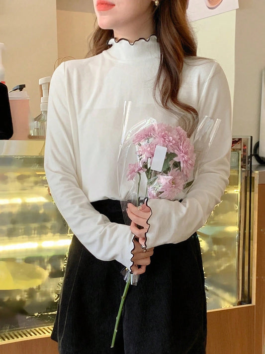 Women’s Turtleneck Lace-Trim Long Sleeve Top – Solid Color Slim Base Layer Fall/Winter Undershirt