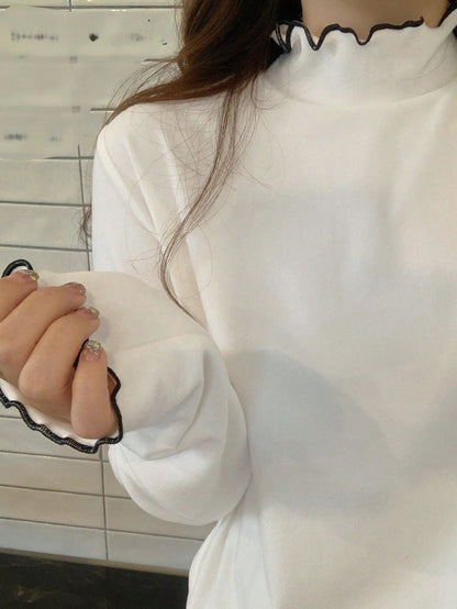 Turtleneck Lace-Trim Long Sleeve