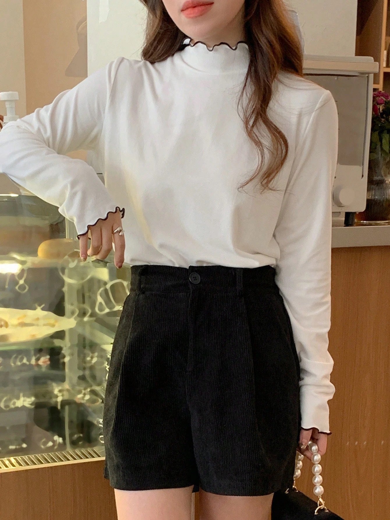 Turtleneck Lace-Trim Long Sleeve