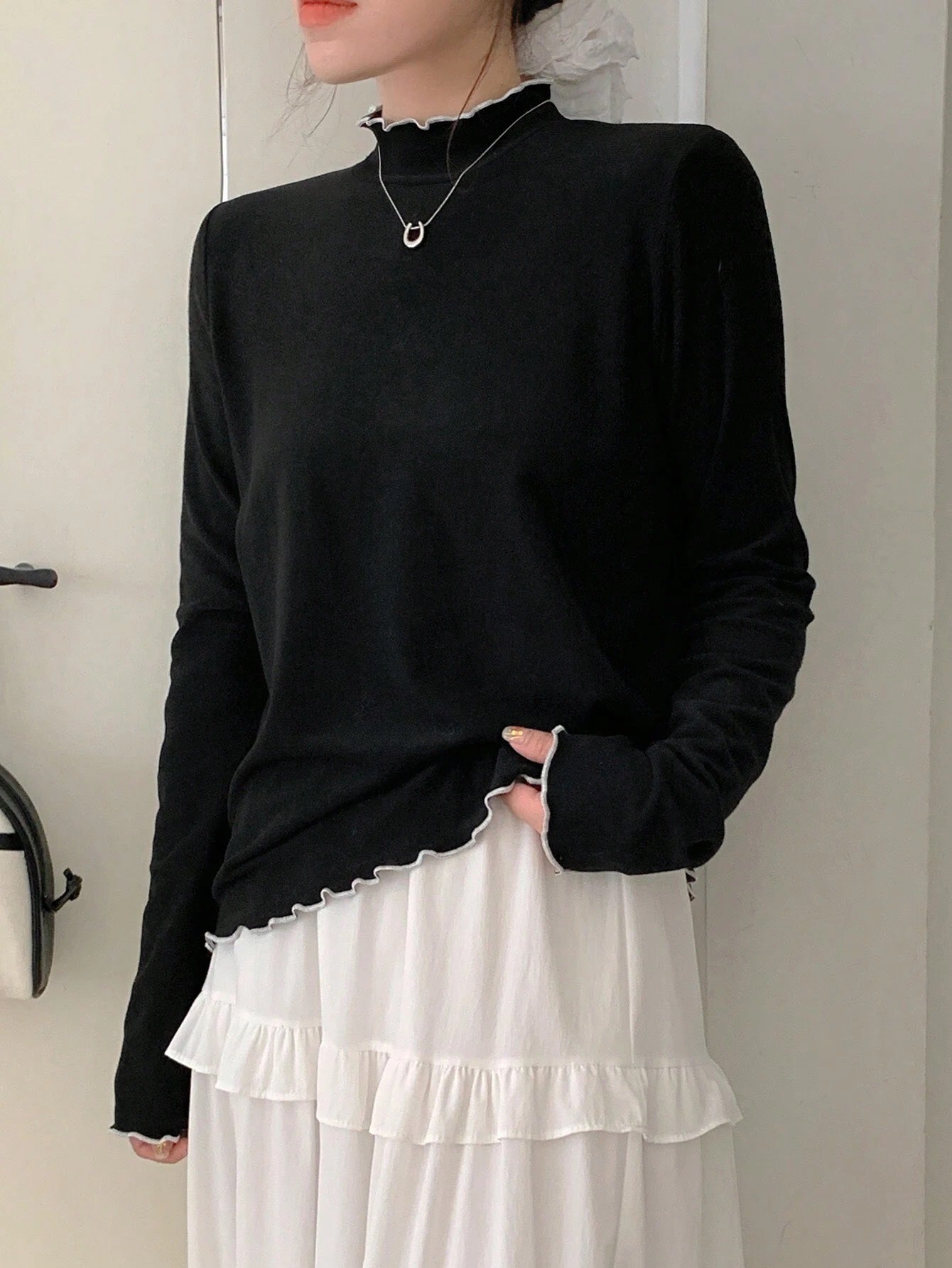 Turtleneck Lace-Trim Long Sleeve