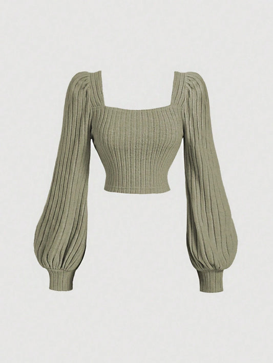 Square Neck Puff Sleeve Slim Fit Crop – Ribbed Casual Autumn/Winter Top