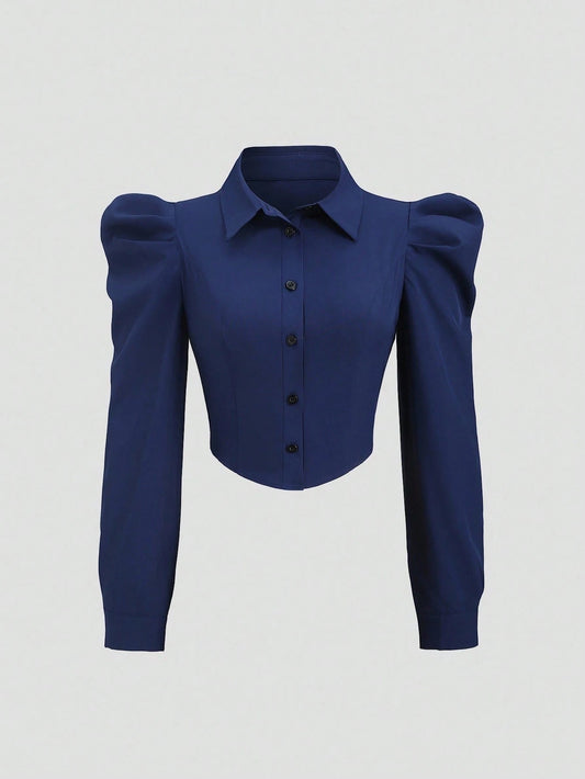 Elegant Solid Color Gigot Sleeve Asymmetrical Hem Button-Front Slim Fit Shirt – Chic Long Sleeve Blouse