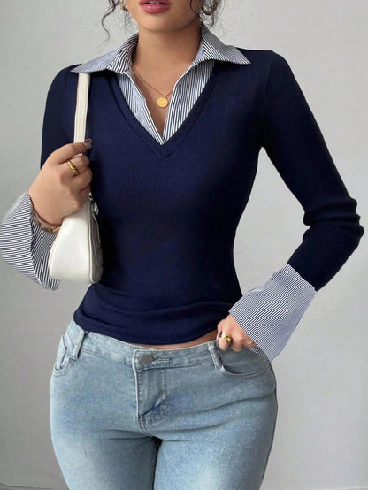 Blue Striped V-Neck Polo Collar Slim Fit Rib-Knit Long Sleeve T-Shirt