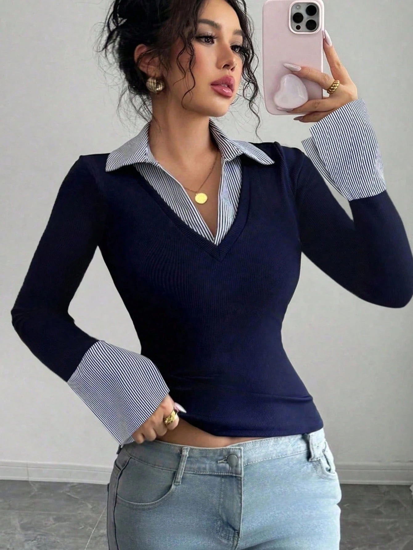 Blue Striped V-Neck Polo Collar Slim Fit Rib-Knit Long Sleeve T-Shirt