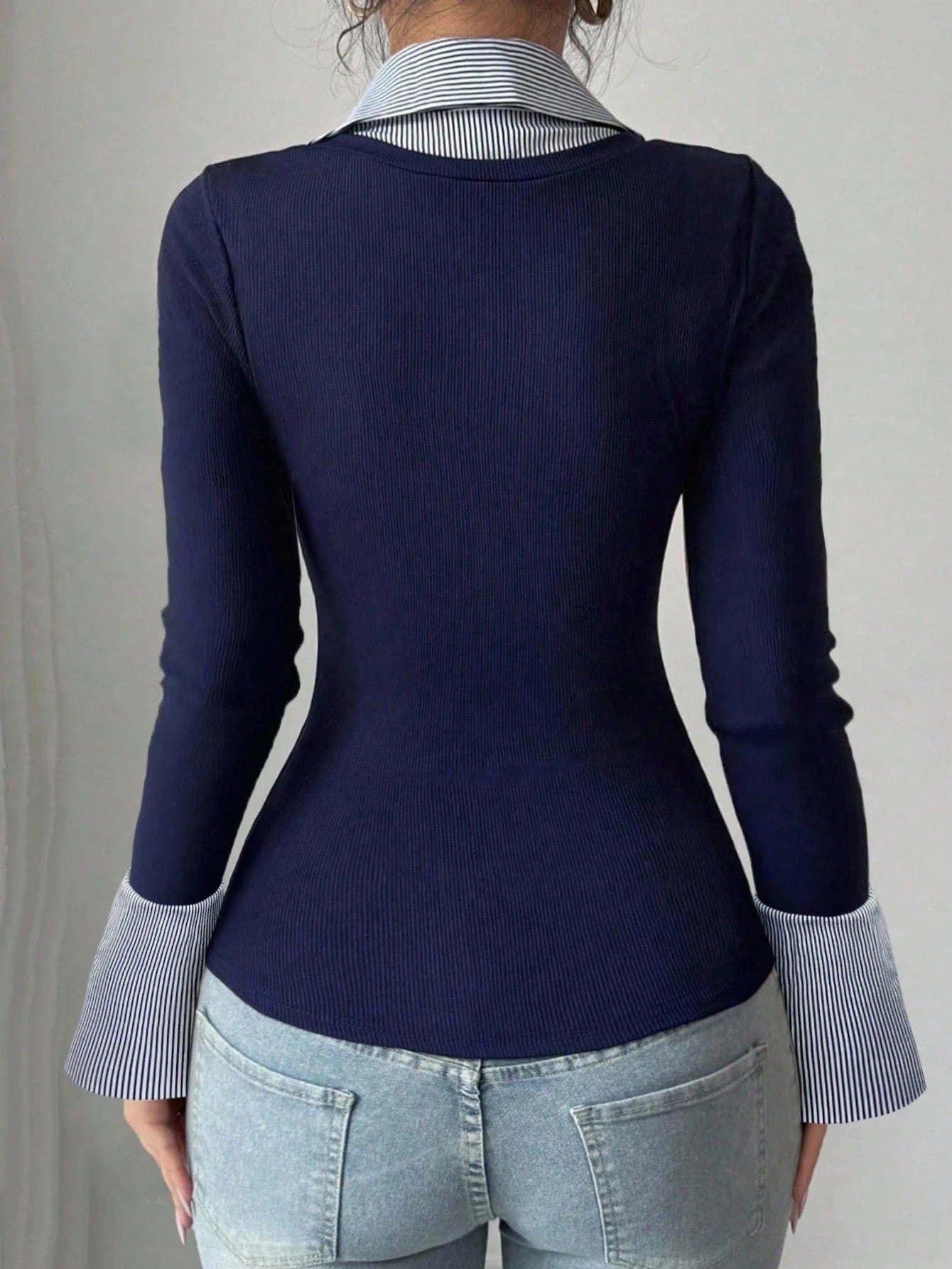 Blue Striped V-Neck Polo Collar Slim Fit Rib-Knit Long Sleeve T-Shirt