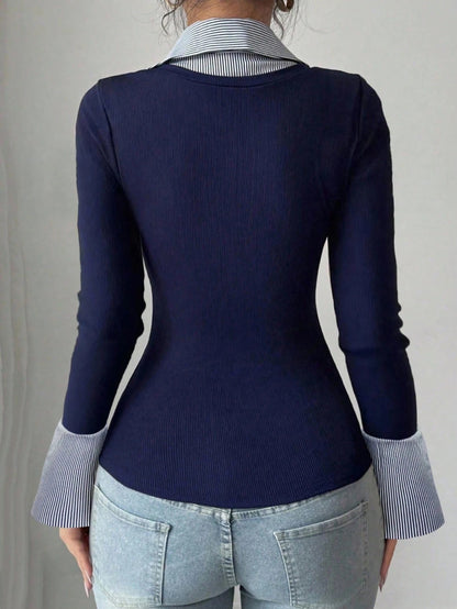 Blue Striped V-Neck Polo Collar Slim Fit Rib-Knit Long Sleeve T-Shirt